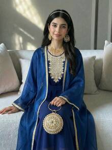 SHEIN Teen Girl Blue Elegant Luxury Long Dress With Gold Ribbon Mesh Cardigan 2 Pieces Set - Blue - View 1