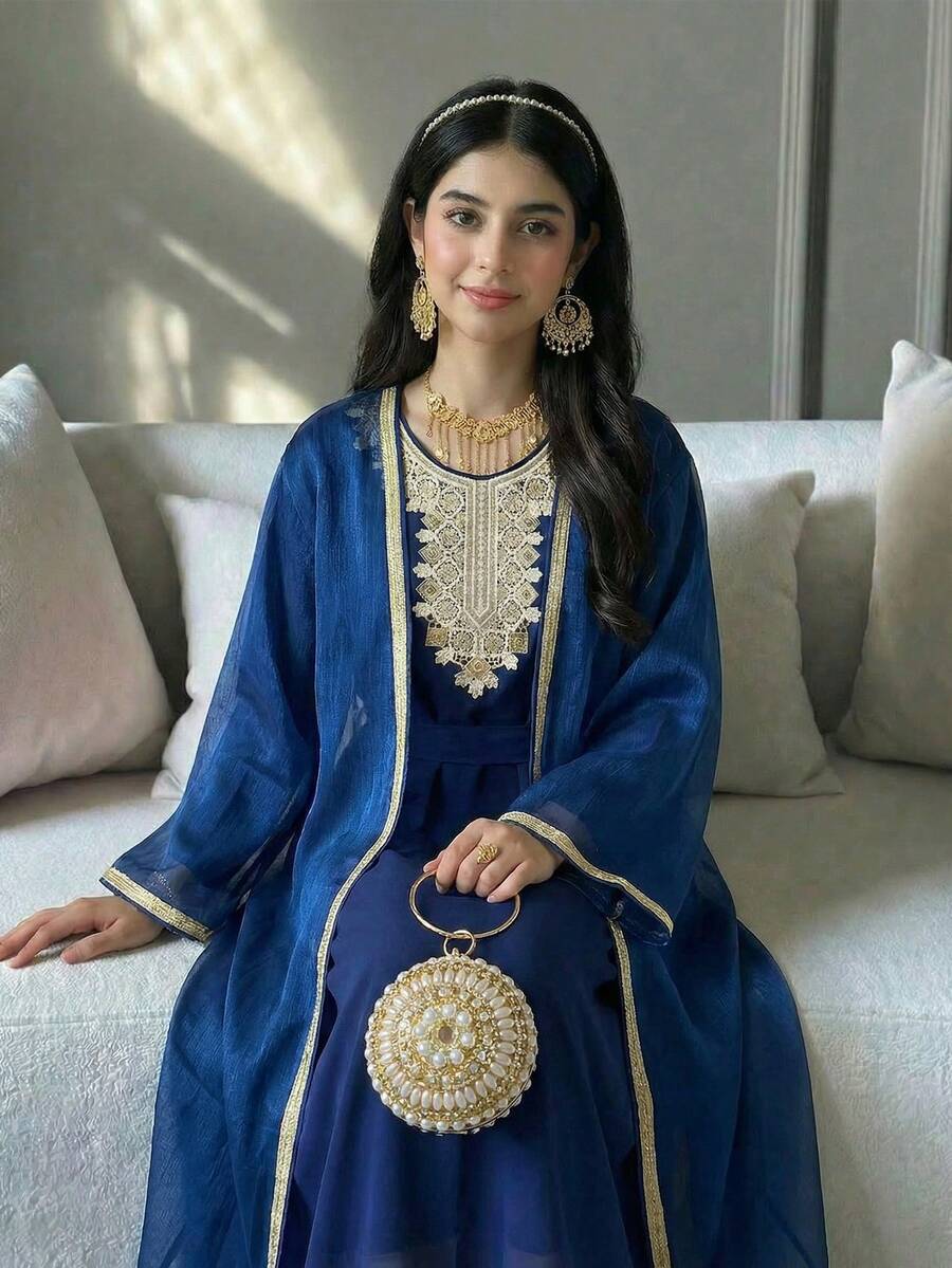 SHEIN Teen Girl Blue Elegant Luxury Long Dress With Gold Ribbon Mesh Cardigan 2 Pieces Set - Blue - View 1