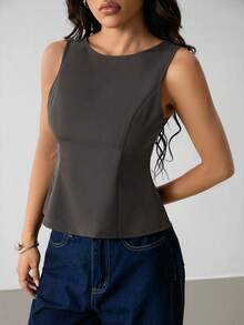 SHEIN PETITE Women's Summer Fashionable Designer Black Top - Dark Grey - View 5