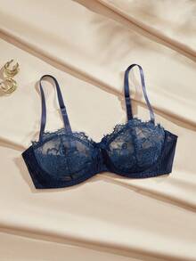 SHEIN Lencería De Sujetador Con Aros Y Encaje Floral - Azul Marino - Ver 6