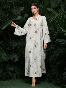 Al Najma 女士杏色编织刺绣流苏吊坠长袖优雅阿拉伯连衣裙，春夏款 - 杏色 - 查看 5