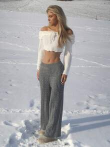 Sydney Algeri Women's Casual Embroidered Twist Knit Pants, Autumn/Winter Knit Pants Grey Pants Comfy Wide Leg Pants Gray Pants Comfy Pants,Cozy Fall And Winter Clothes For Women - Grey - View 1