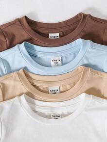 SHEIN Bộ 4 áo thun ngắn tay cổ tròn màu trơn, đa năng, thoải mái cho bé trai/bé gái. - Nhiều màu - Xem 6