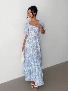 Selianne Summer Short Sleeve Vacation Beach Music Festival Pink Floral Dress - Baby Blue - View 6