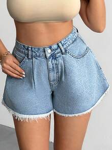 EURMUSE Summer Casual Washed Frayed Hem Denim Shorts - Light Wash - View 3