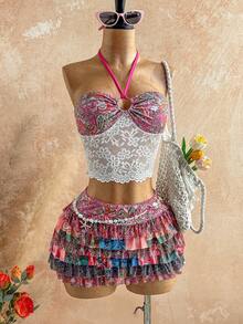 Soleia 女士彩色佩斯利复古印花拼接蕾丝无肩带系带露背吊带背心，休闲、约会、情人节、下午茶、海滩、邮轮、城市度假、音乐节、派对、波西米亚风、嬉皮风、西部风、百搭、日常通勤、仙女风、派对、复古上衣、复古、音乐节、休闲度假吊带背心、波西米亚风度假上衣 - 彩色 - 查看 7