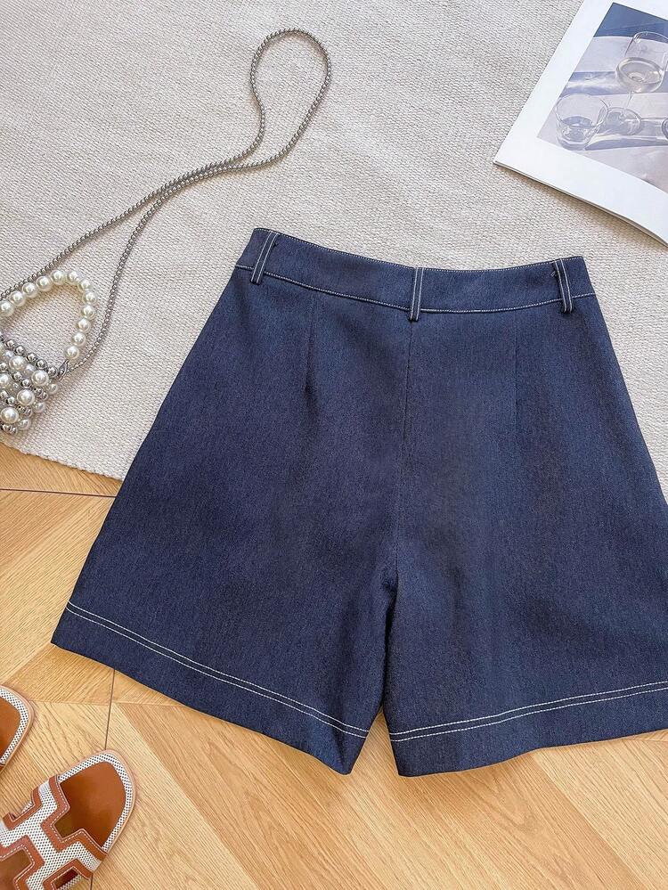 INAWLY 女士时尚休闲高腰A字阔腿百慕大短裤 - 藍色 - 查看 2