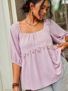 Freevana 大码女装夏季休闲度假荷叶边心形领泡泡袖碎花装饰娃娃衫乡村可爱衬衫粉色上衣节日夏季上衣情人节方领上衣薰衣草色衬衫浅紫色上衣碎花贴花上衣 - 藕粉色 - 查看 1