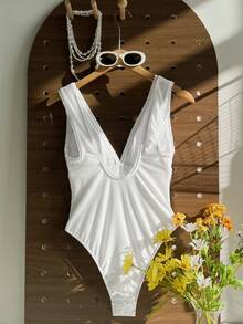 Swim Mod Women's Solid Color Backless One Piece Swimsuit With Ruffles, Sexy Vacation Yacht Beach Outfit, Shiny Fabric - White - View 2