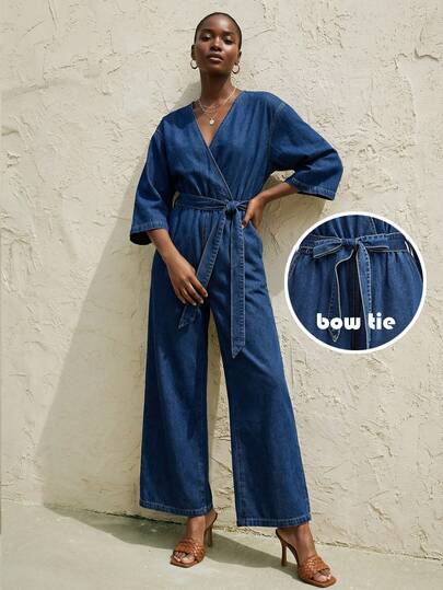 Maija Dark Blue Denim Jumpsuit With V-Neck, Three-Quarter Sleeves, And A Bow Belt.Casual Jumpsuit