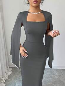 Elenzga 优雅精致的珍珠装饰修身连衣裙，女士款 - 深灰色 - 查看 3