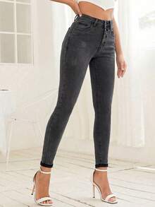 SHEIN Unity High Waist Front Button Skinny Thermal Lined Jeans - Grey - View 6