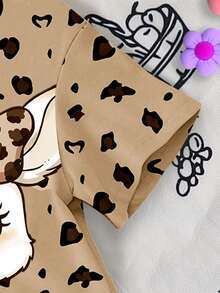 1 Set Baby Girls' Vintage Cute Cartoon Rabbit & Leopard Print, Khaki, Retro Sweet Molly Girl Style, Infant Toddler Casual Knit Crew Neck Short Sleeve Top And Shorts Set, Streetwear And Home Outfit - Multicolor - View 4