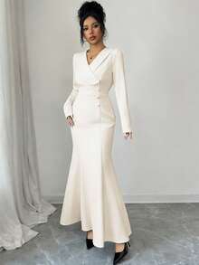 Elenzga 女士优雅不对称翻领纽扣腰部喇叭下摆长袖连衣裙，适合休闲、通勤、现代都市、度假、下午茶、圣诞节、正式派对等场合 - 杏色 - 查看 4