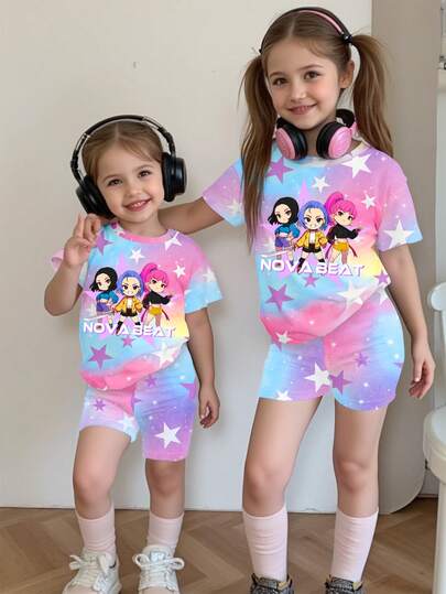 2pcs Young Girls Casual K-POP Cartoon Girl Tie-Dye Pattern Short Sleeve Knit T-Shirt And Matching Tie-Dye Shorts Set, Girls Everyday & Holiday Comfortable Knit Outfit, Sporty Fashion Set