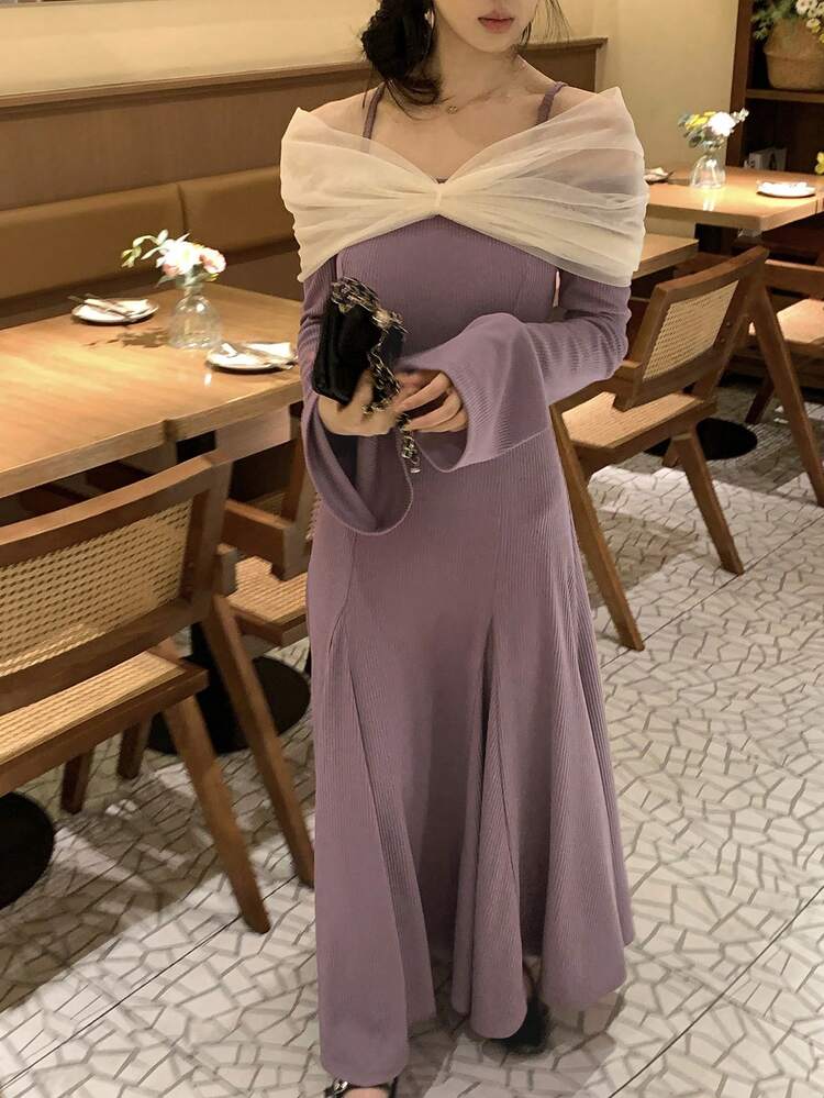 Women's Color Block Mesh Patchwork Off Shoulder Dress Sundress