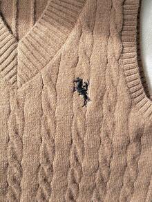 SHEIN 青少年女孩V領刺繡針織背心，柔軟舒適棕色秋季休閒週日返校上衣，適合青少年女孩戶外玩耍穿著 - 卡其色 - 查看 5