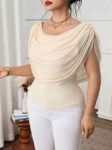 Feyla Plus Size Women's Solid Color Ruched Fitted Fashion T-Shirt - Apricot - View 7