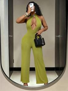 Lureya Women's Fashion Sexy Front Hollow Lace-Up Backless Jumpsuit, Straight Leg Wide Leg Pants, Suitable For Evening Gala, Party