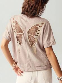 Bohemela Áo thun nữ dệt kim cổ tròn tay ngắn màu trơn dáng rộng, khoét lưng hình bướm. - Màu be - Xem 1