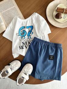 SHEIN 2pcs/Set Baby Boy/Girl Casual Cute Crayon Animal Print Loose Round Neck Knit Top T-Shirt And Shorts Set, Suitable For Spring/Summer Wear - Multicolor - View 5