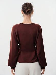 Aalyst Women's Knitted Crew Neck Raglan Long Sleeve Ribbed Patchwork Pleated Fitted A-Line Elegant Sophisticated Sweatshirt, Autumn/Winter - Brown - View 2