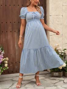 SHEINE 女士优雅格纹荷叶边下摆休闲连衣裙，波西米亚风孕妇装，适合春夏日常外出、约会、度假 - 藍色 - 查看 7