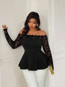 Femmeverse 大码女式露肩蕾丝边拼接纯色针织衫 - 黑色 - 查看 4