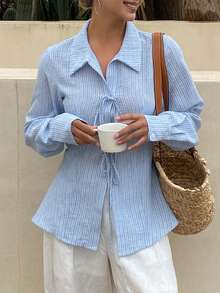DAZY Women's Casual Striped Tie-Up Shirt, Spring/Summer - Blue - View 6