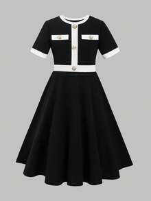 少女复古法式黑白拼接短袖夏季高腰修身连衣裙，饰以金色纽扣，百搭优雅，适合通勤、约会、派对等多种场合。 - 黑色 - 查看 9