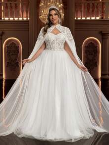 Glamrae Plus Size Elegant Luxurious Romantic White Beaded Embroidery Mesh Splice Chinese Collar Design Flowing Maxi Skirt Wedding Bridal Gown Plus Size Bridal Dress Dress With Cape Bridal Cape Dress White Gown With Cape Plus Size White Dress White Gown For Women Plus Size Fairy Dress - White - View 2
