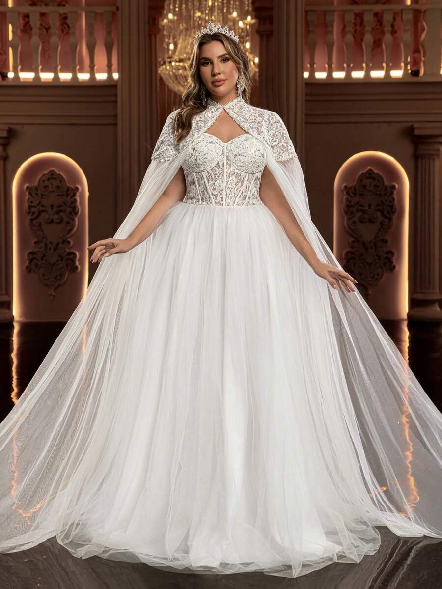 Glamrae Plus Size Elegant Luxurious Romantic White Beaded Embroidery Mesh Splice Chinese Collar Design Flowing Maxi Skirt Wedding Bridal Gown Plus Size Bridal Dress Dress With Cape Bridal Cape Dress White Gown With Cape Plus Size White Dress White Gown For Women Plus Size Fairy Dress
