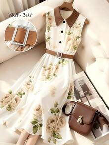 GlowEve Women's Rose Print Waist Tie A-Line Contrast Collar Elegant Everyday Vacation Commute Fashion Valentine's Day Date French Street Retro Versatile Party Brown Rose Print Early Spring/Autumn Sleeveless Mid-Length Dress - Multicolor - View 9