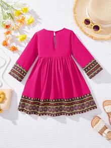 SHEIN Babygirl Cute Fuchsia Geometric Pattern Long Sleeve Dress, Spring/Summer - Hot Pink - View 7