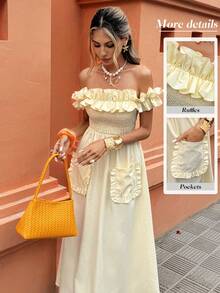 Selianne 可爱黄色荷叶边露肩收腰中长连衣裙 - 甜美优雅，适合度假、日常出行和聚会，女士春夏连衣裙 - 黃色 - 查看 1