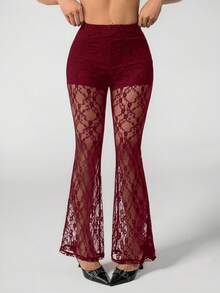 SHEIN PETITE 度假风针织蕾丝高腰喇叭女裤 - 酒紅色 - 查看 5
