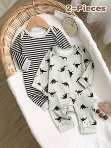 Newborn Baby Pajamas-Newborn One Piece Jumpsuit Crew Neck Long Sleeve Front Snap Dinosaur And Stripe Print Mint And Black White Four Season 2026 New Year Essential