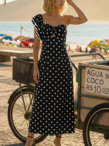 CAJUNI Women's Vacation Ruffle Sleeve Polka Dot Print Fitted Elegant Fashion Dress - Black and White - View 3