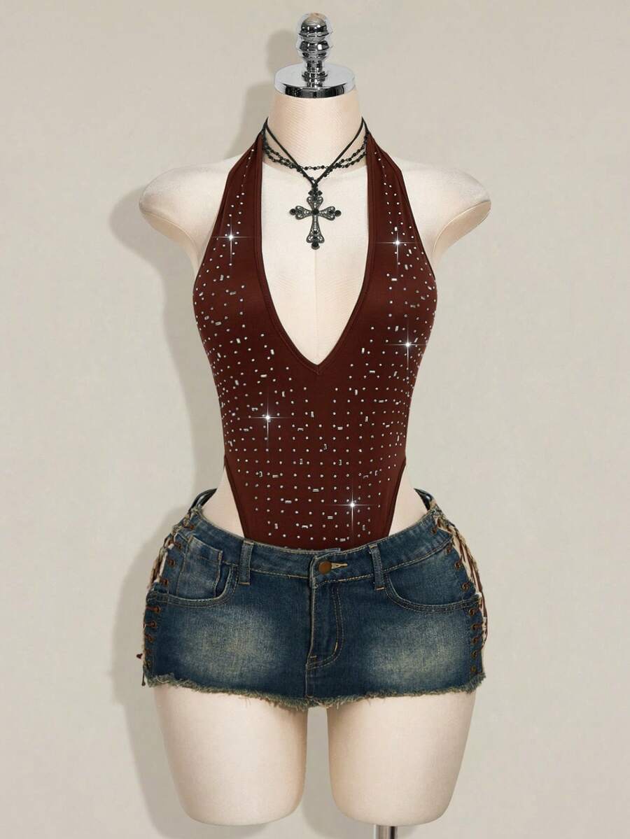 SHEIN ICON Rhinestone Halter Backless Bodysuit, Sexy Tight Fit Sleeveless For Women - Brown - View 1