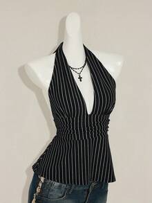 SHEIN ICON Halter Deep V-Neck Cinched Waist A-Line Backless Striped Tank Top - Dark Green - View 8