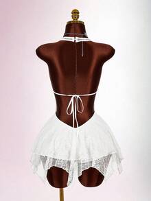 Amplova Đầm ngắn cổ chữ V sâu, hở lưng, phối ren, vạt bất đối xứng, kiểu dáng ngọt ngào và thanh lịch. - trắng - Xem 3