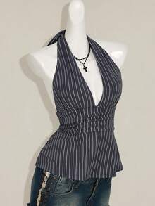 SHEIN ICON Halter Deep V-Neck Cinched Waist A-Line Backless Striped Tank Top - Grey - View 7