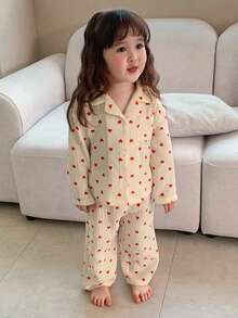 DAZY 女婴爱心印花纽扣长袖上衣和裤子睡衣套装 - 白色 - 查看 5