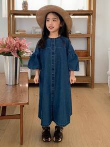 DAZY 女童圆领水洗休闲长袖牛仔连衣裙 - 藍色 - 查看 5