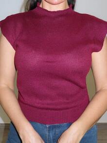 MDEdit 优雅高领宽松休闲百搭秋冬无袖针织毛衣背心 - 酒紅色 - 查看 6