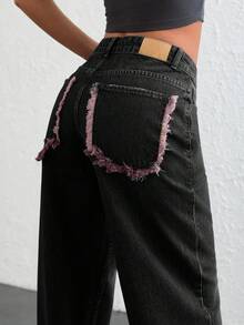 EURMUSE 低腰复古水洗直筒牛仔裤 - 黑色 - 查看 6