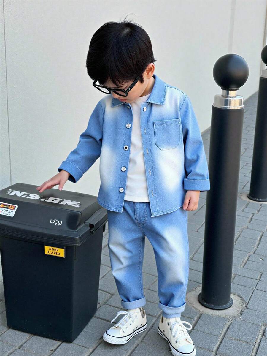 Genkimix Kids 这款男童时尚休闲长袖牛仔套装，采用简约宽松的翻领设计，上衣两侧配有渐变牛仔布口袋，搭配舒适的长裤。适合春秋季日常穿着、上学、旅行和休闲，是一款百搭的基础单品。 - 淺色水洗藍 - 查看 1