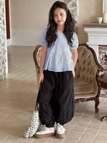 Dazy Kids Plus Size Girls' Cotton Embroidered Hollow Puff Sleeve Peter Pan Collar Shirt