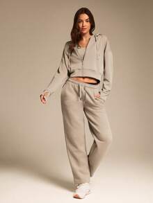 GLOWMODE Sudadera con capucha de manga larga con bolsillos laterales con cremallera, de modal y felpa, con ojales para el pulgar, para uso diario y casual - Caqui - Ver 5