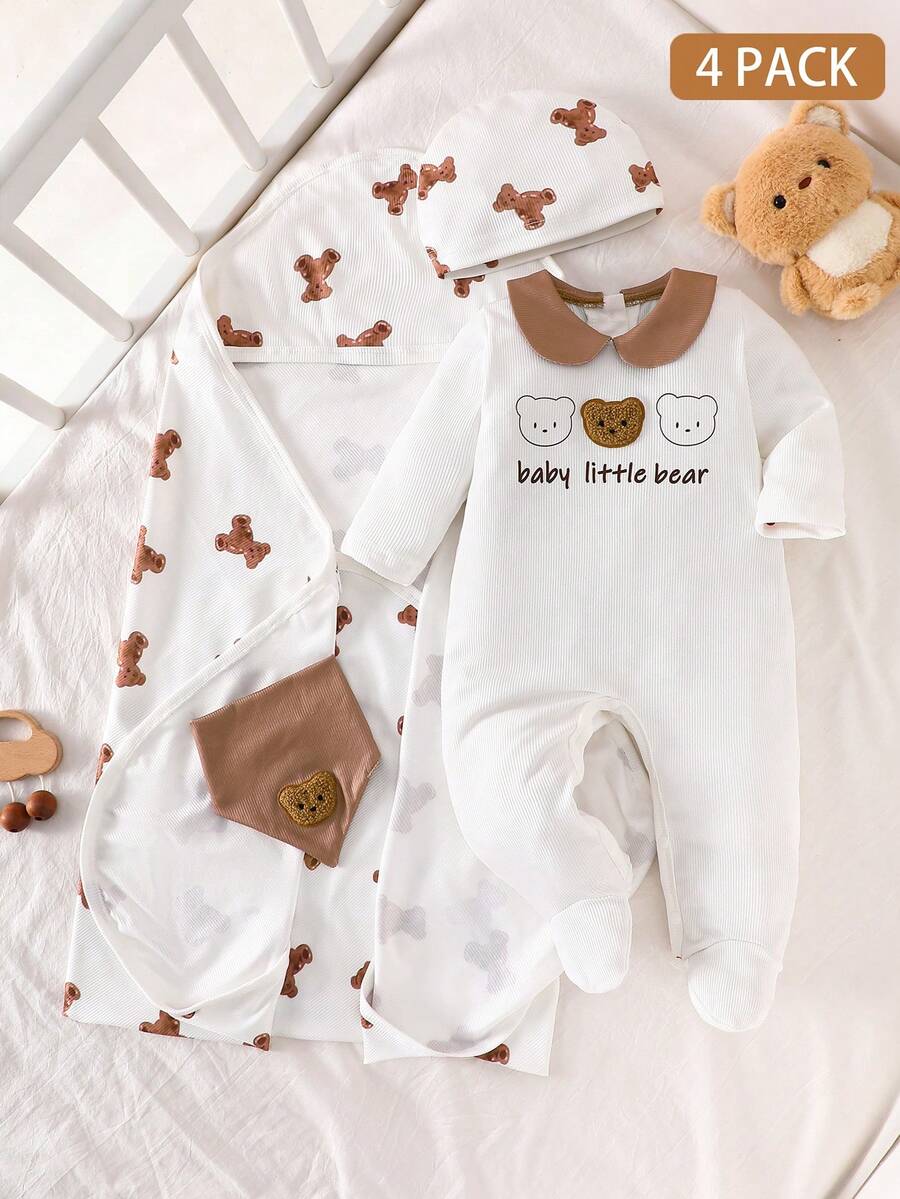 SHEIN 5pcs/Set Polka Dot Heart Bear Romper Outfit - Brown - View 1